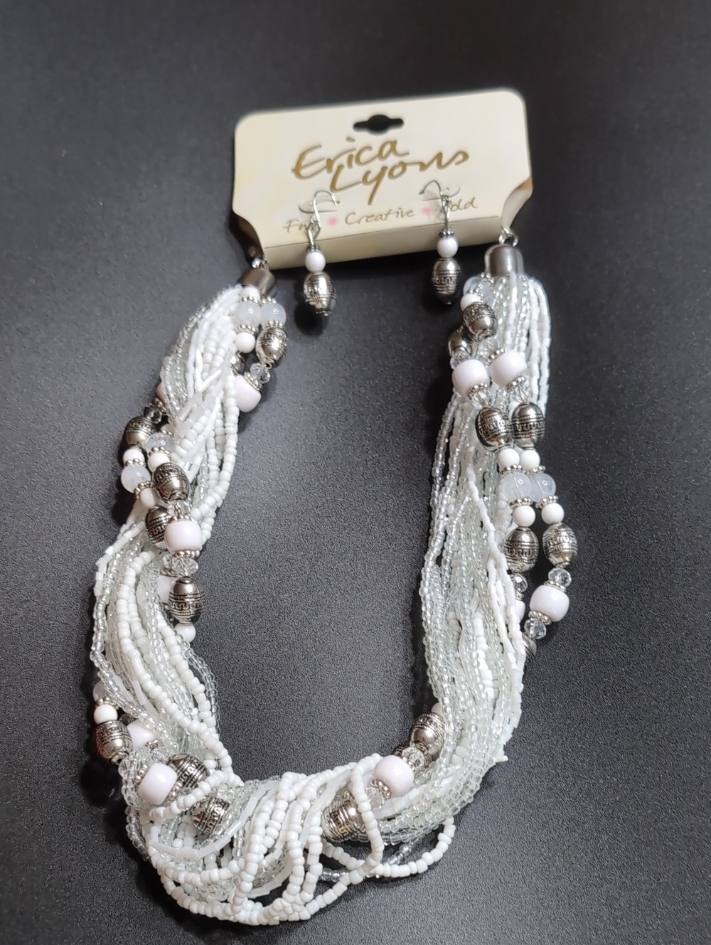 ERICA LYONS White Silver Beaded Necklace & Earrings Set NWT